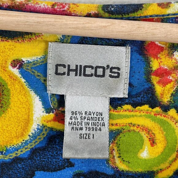 CHICOS Womens Medium Colorful Paisley 3/4 Sleeve Stretch Top Notch Neck Blouse - Picture 3 of 10